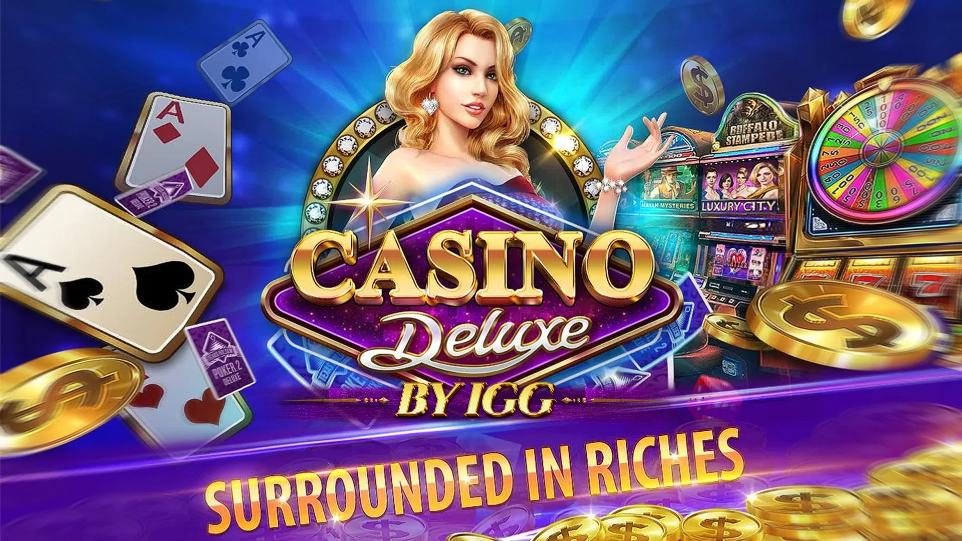 Deluxe Vegas reel-game screen with big-win readouts and bonus meters.